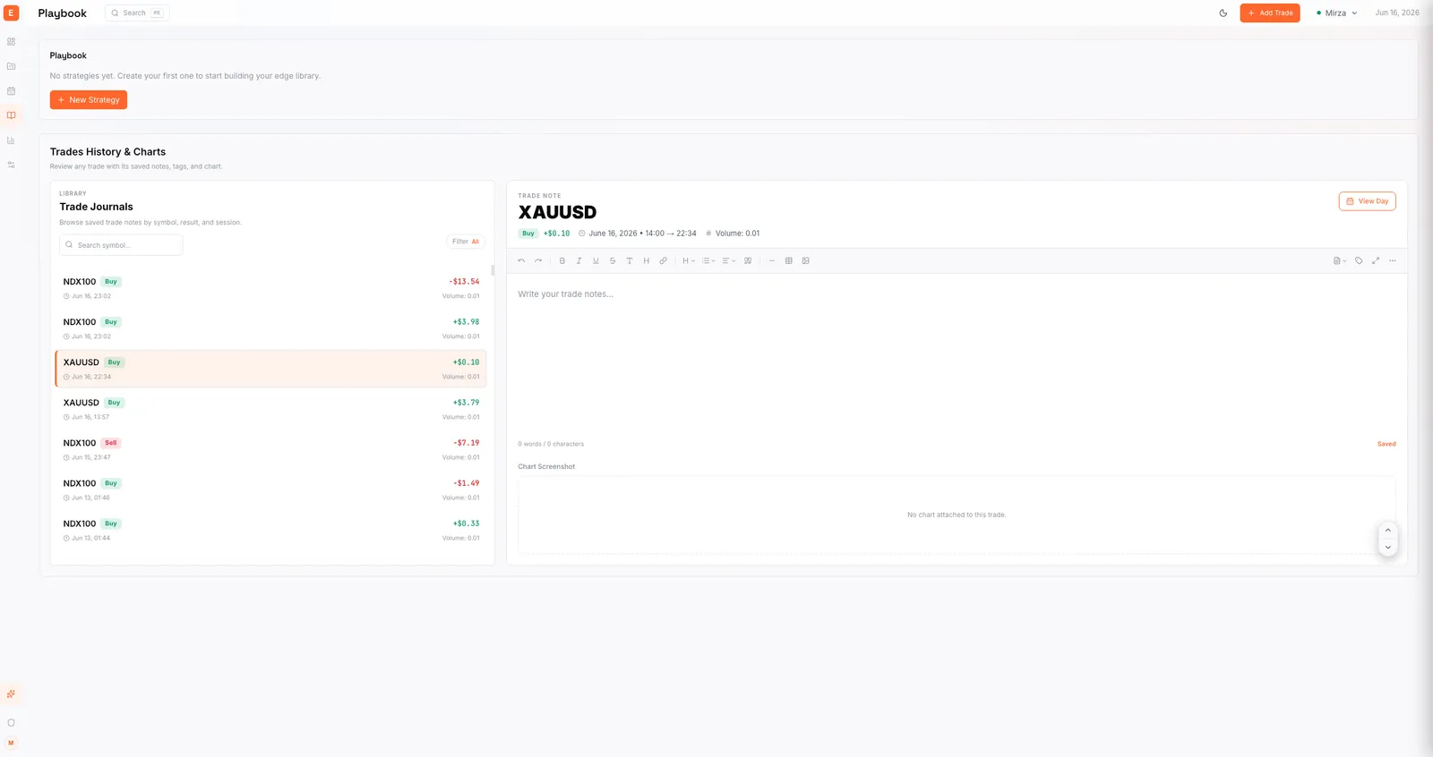 Edgelog Playbook-Seite mit einer Trading-Strategie-Bibliothek und einem durchsuchbaren Trade-Journal mit gespeicherten Notizen, Tags und Chart-Screenshots
